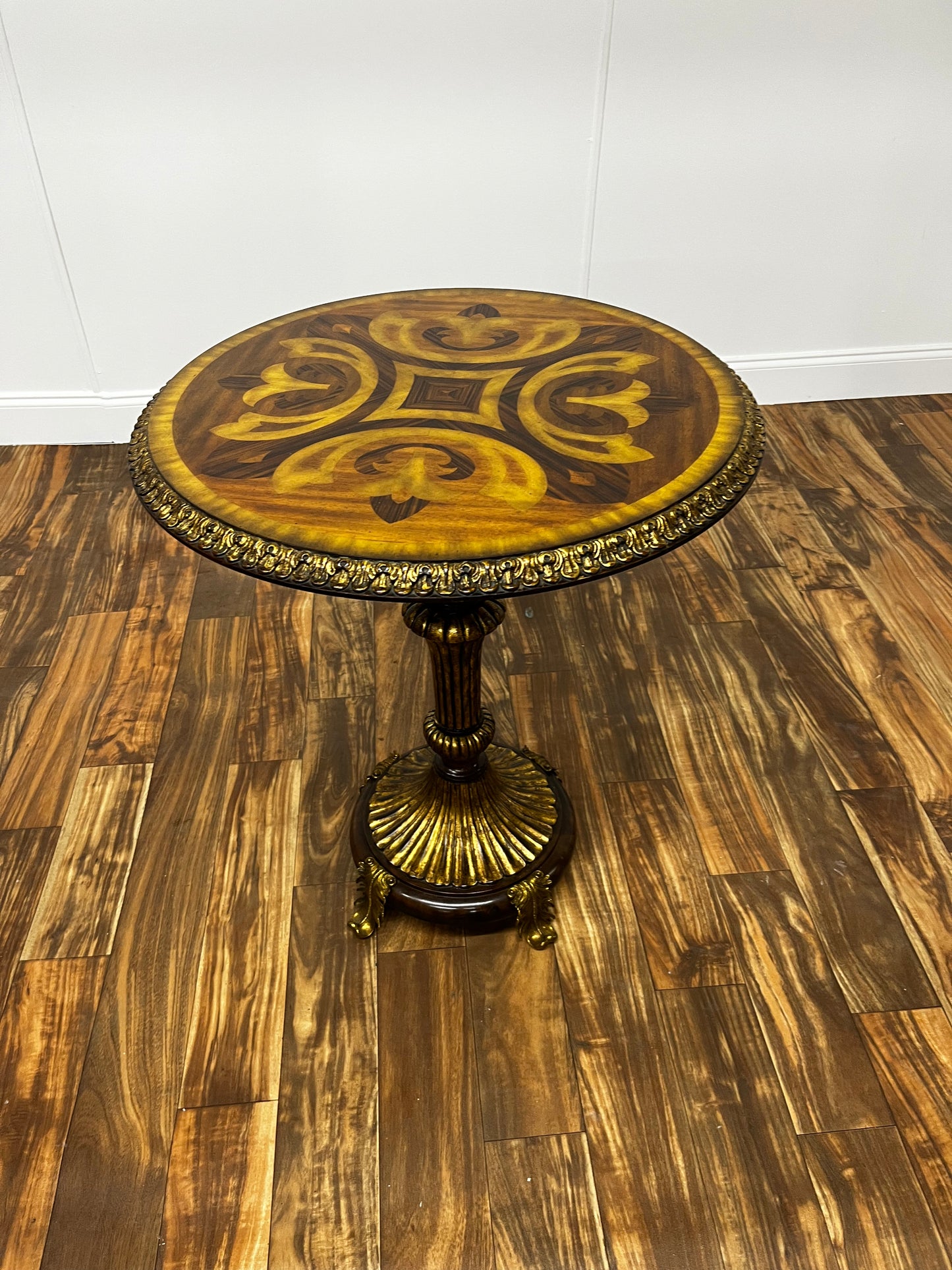BRASS AND INLAY WOOD CAFE TABLE