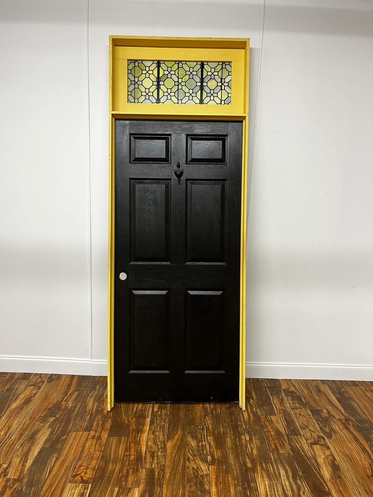 FAUX STAINED GLASS TRANSOM WINDOW / BLACK DOOR