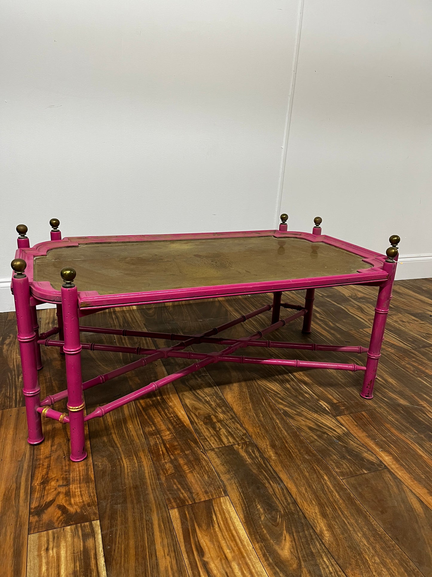 PINK BAMBOO AND BRASS COFFEE TABLE