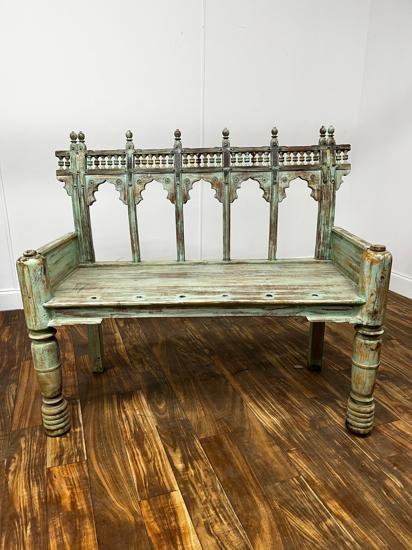 DISTRESSED MINT PAINTED BENCH
