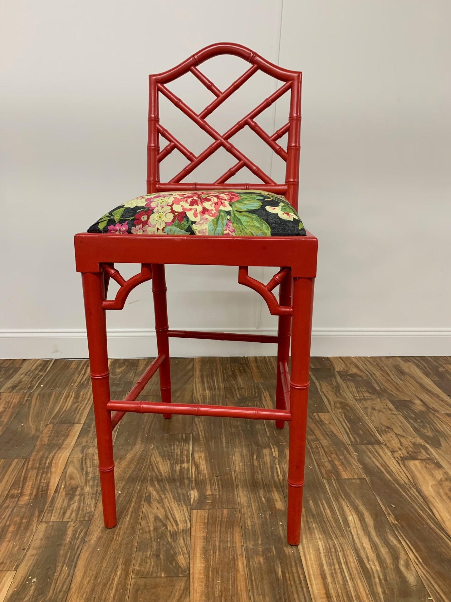 RED HIGH CHAIR BAR STOOL WITH FLORAL CUSHIONS