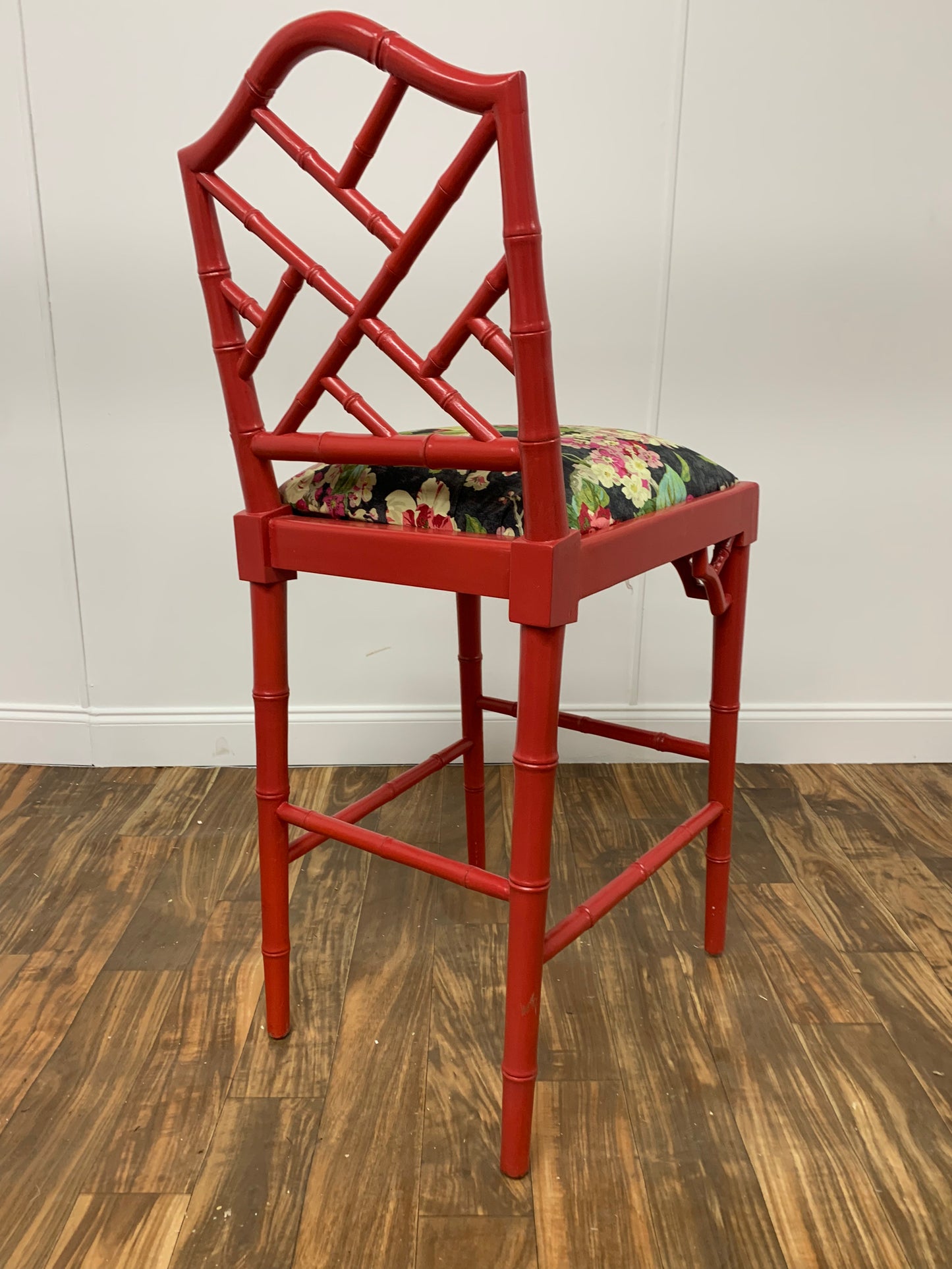 RED HIGH CHAIR BAR STOOL WITH FLORAL CUSHIONS