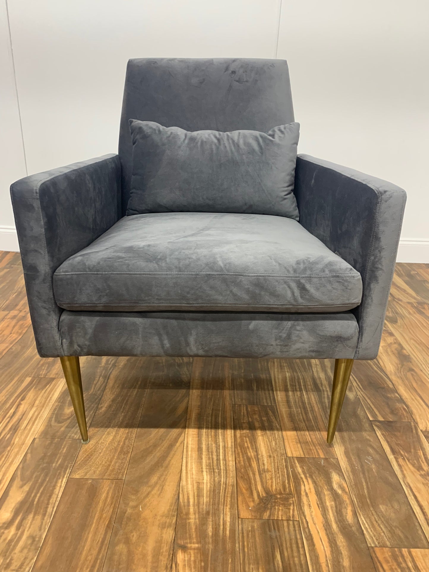 GRAY VELVET ARM CHAIR WITH GOLD LEGS