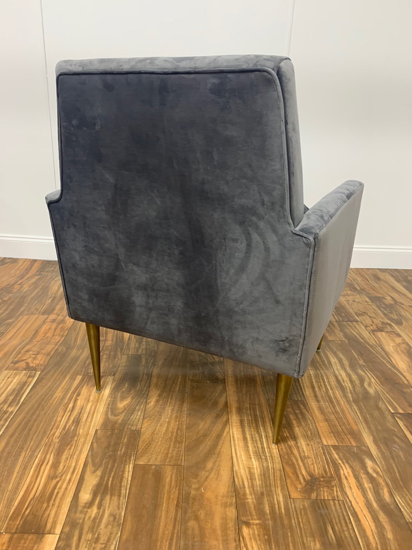 GRAY VELVET ARM CHAIR WITH GOLD LEGS