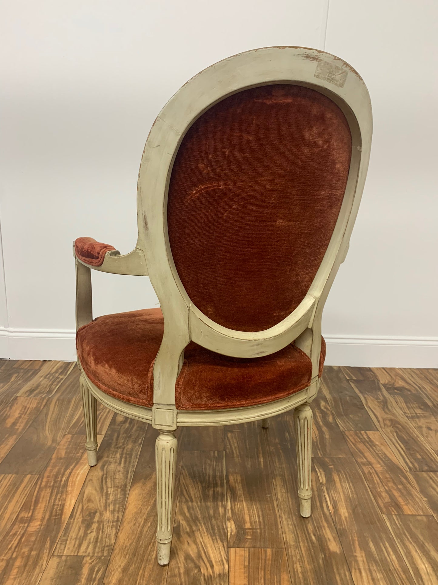 RUST ORANGE VELVET FRENCH PROVINCIAL ARM CHAIR