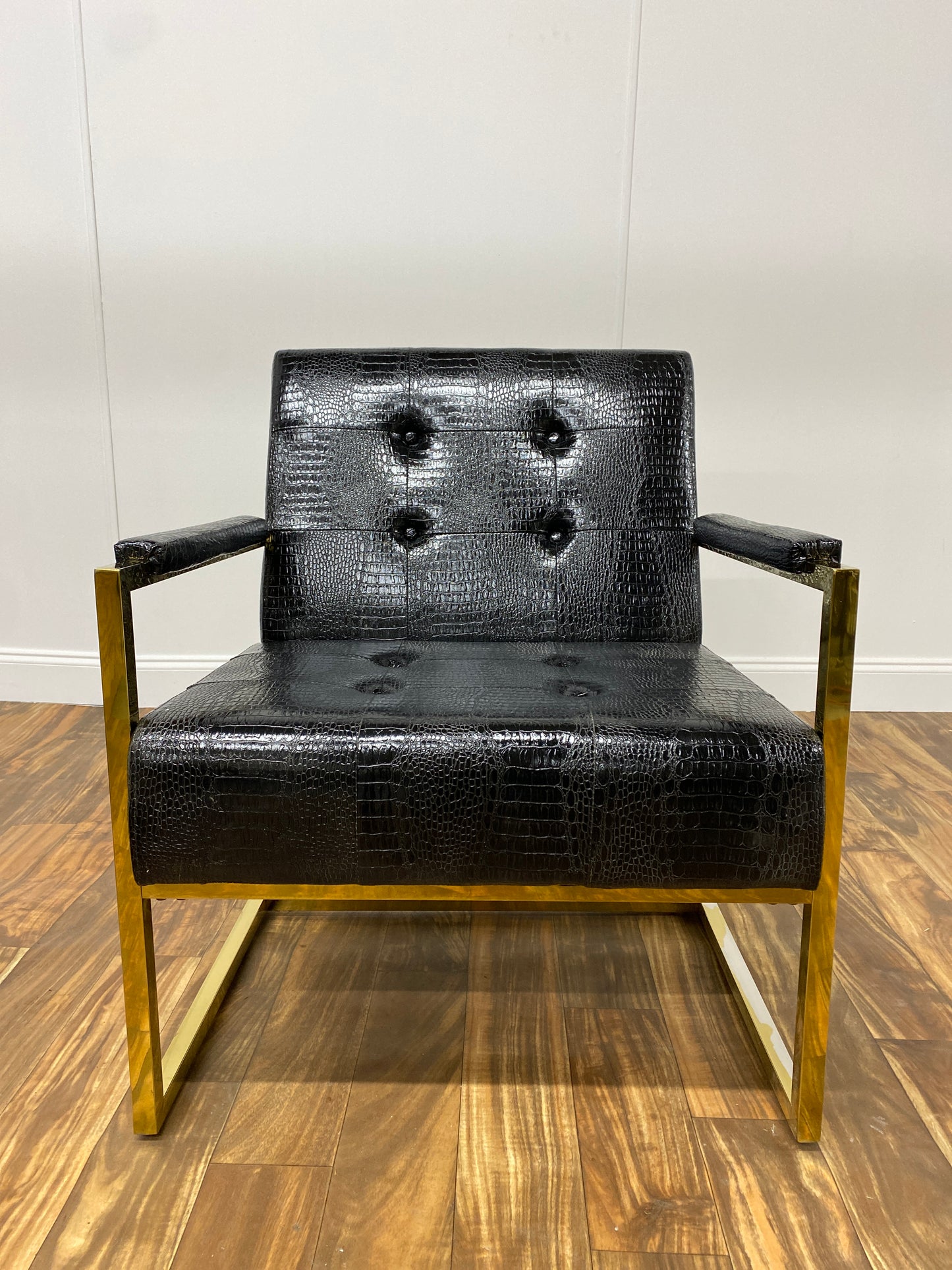 BLACK ALLIGATOR SKIN ACCENT ARM CHAIR WITH GOLD LEGS