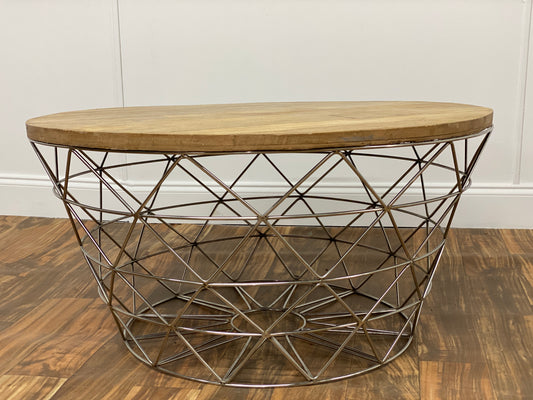 ROUND WOOD TOP TRIANGULAR METAL COFFEE TABLE