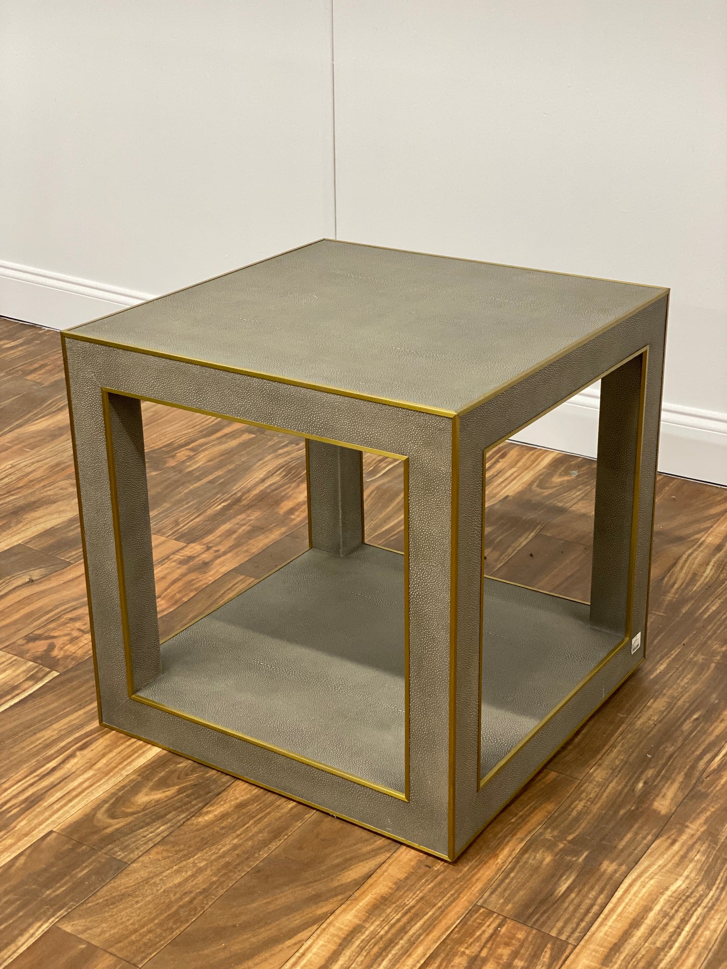 GRAY ALLIGATOR SKIN ACCENT TABLE WITH GOLD TRIM