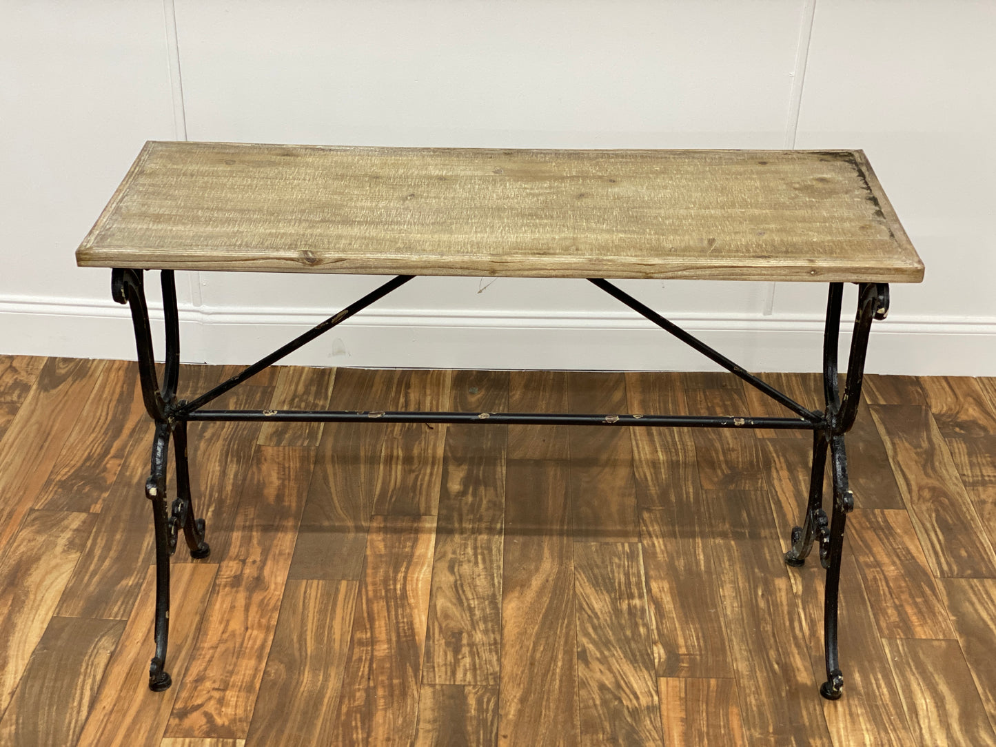 WOOD TOP IRON LEG CONSOLE TABLE
