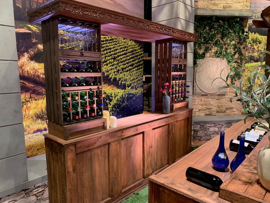 RUSTIC WOOD BACK BAR WITH WINE RACK SHELVES