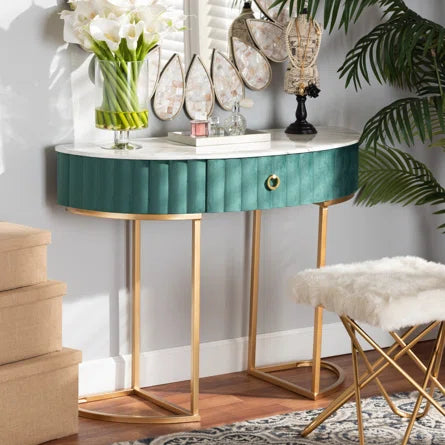GREEN VELVET FAUX MARBLE TOP CONSOLE TABLE