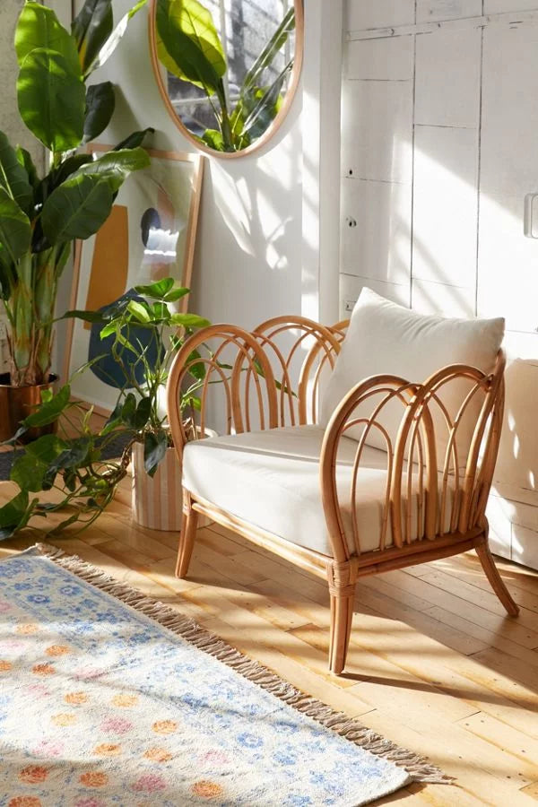 CURVED WICKER ARM CHAIRS WITH WHITE PILLOWS