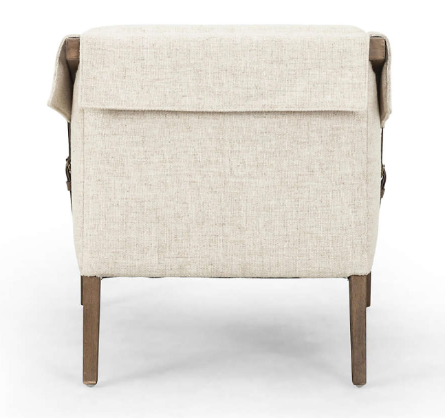 WHITE LINEN AND WOOD ARM CHAIR WITH LEATHER BUCKLE SIDE ACCENTS