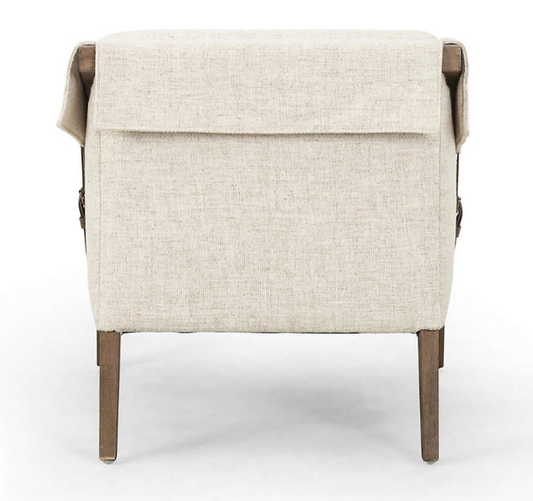 WHITE LINEN AND WOOD ARM CHAIR WITH LEATHER BUCKLE SIDE ACCENTS