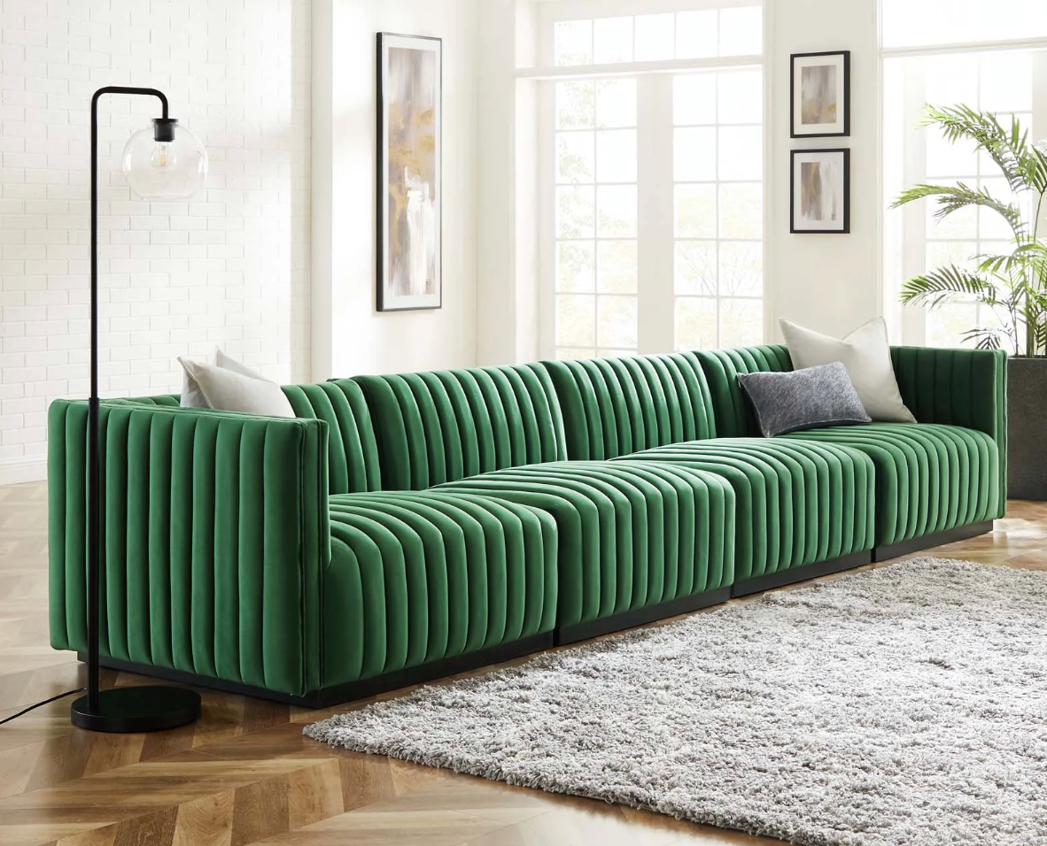 Channel Tufted Emerald Green Velvet Armless Chair Sectional Sofa  Piece