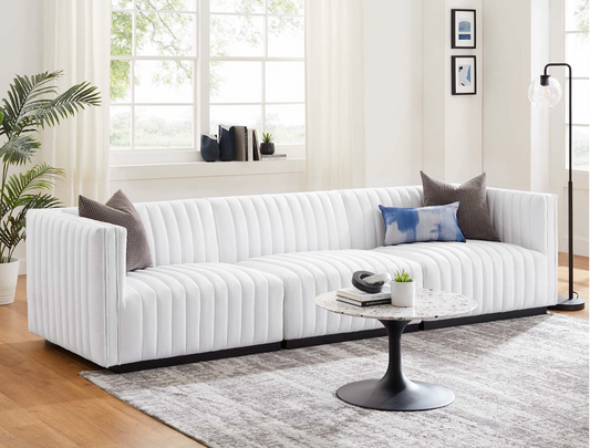 Channel Tufted White Upholstered Fabric Sofa