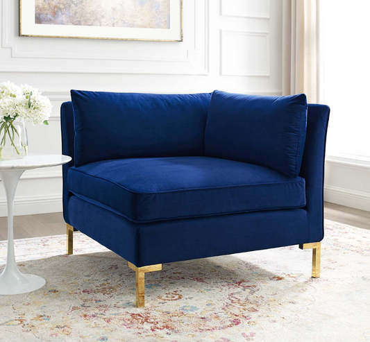Dark Blue Velvet Corner Arm Chair Piece for Sectional Sofa