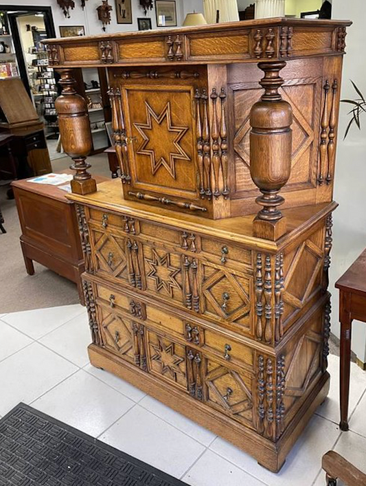Early 1800's Press Cupboard Cabinet with Hand Carved Pillars