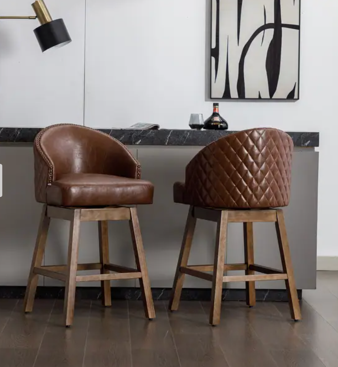 SWIVEL WOOD BASE COUNTER HEIGHT BROWN LEATHER BAR STOOL