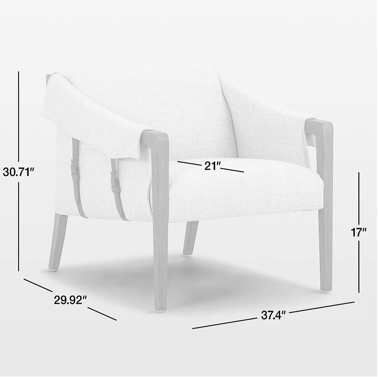 OFF WHITE LINEN AND WOOD ARM CHAIR WITH LEATHER BUCKLE SIDE ACCENTS