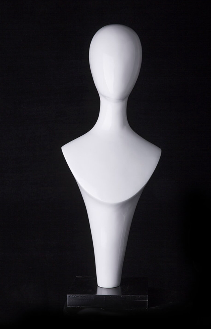 GLOSSY WHITE TALL HEAD ABSTRACT FEMALE MANNEQUIN HEAD ON BLACK STAND