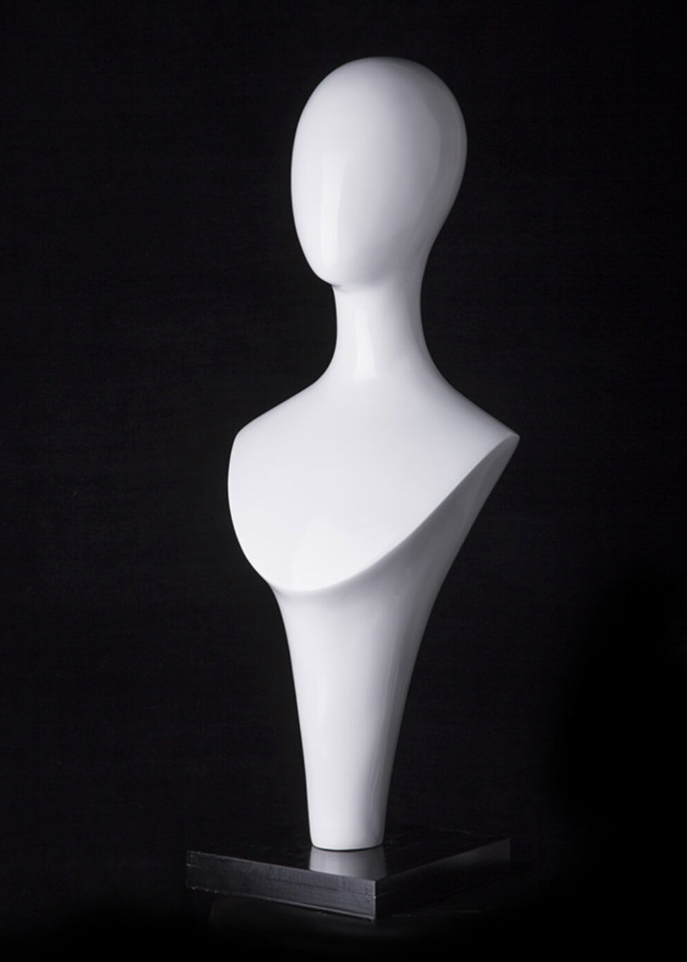 GLOSSY WHITE TALL HEAD ABSTRACT FEMALE MANNEQUIN HEAD ON BLACK STAND