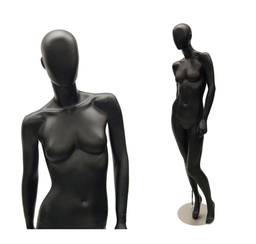 SATIN BLACK EGG HEAD FEMALE STANDING MANNEQUIN #3