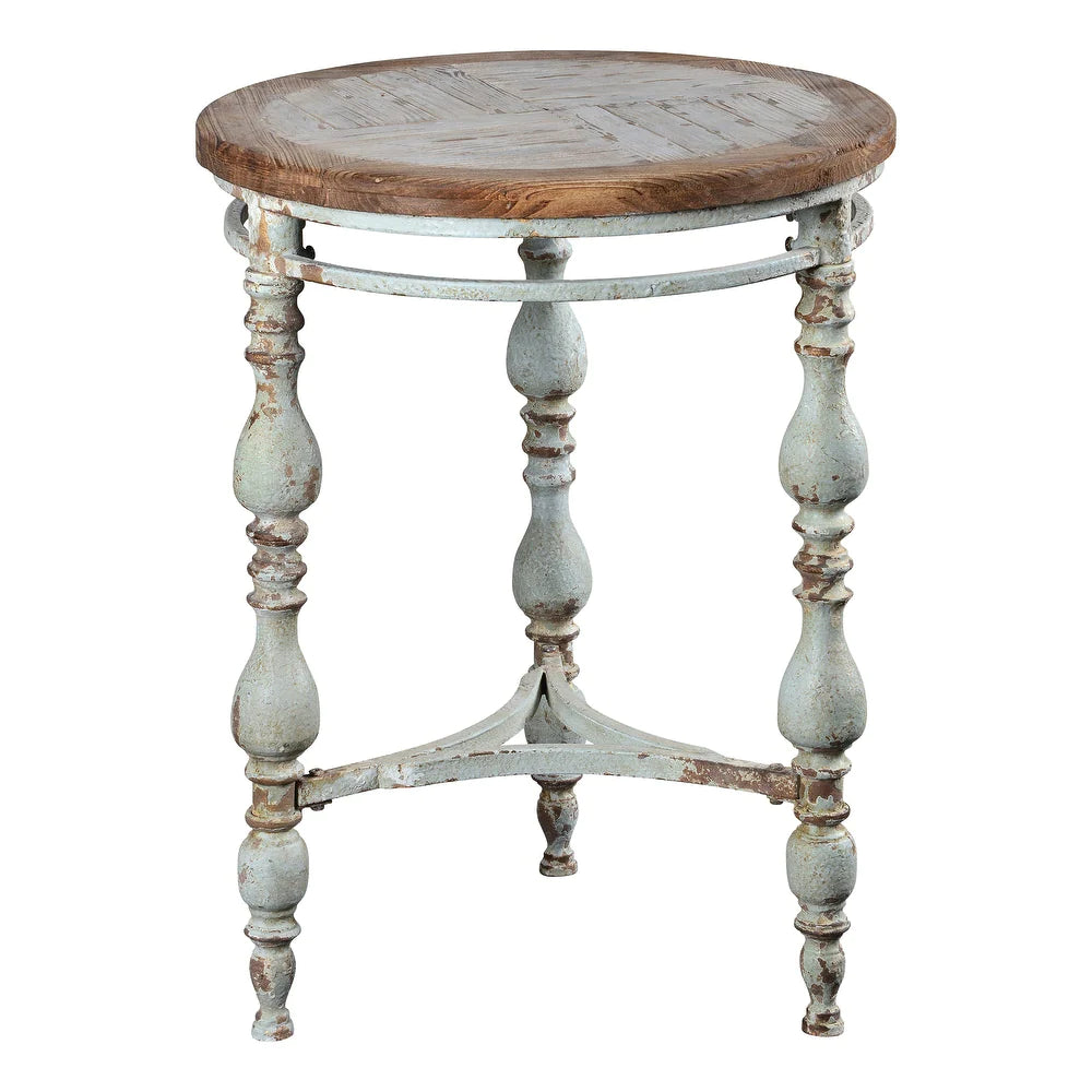 ROUND AGED BLUE WOOD SIDE TABLE
