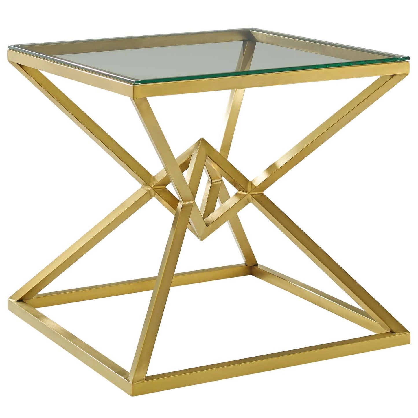 GOLD METAL DIAMOND FRAME GLASS TABLE TOP SIDE TABLE