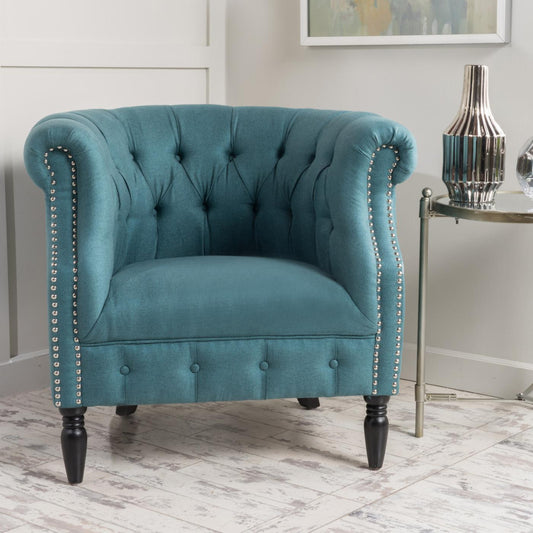 TEAL TUFTED LINEN ARM CHAIR
