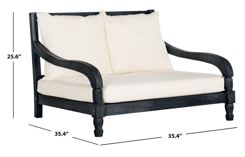 BLACK OUTDOOR LOVE SEAT LOUNGE CHAIR WITH WHITE CUSHIONS