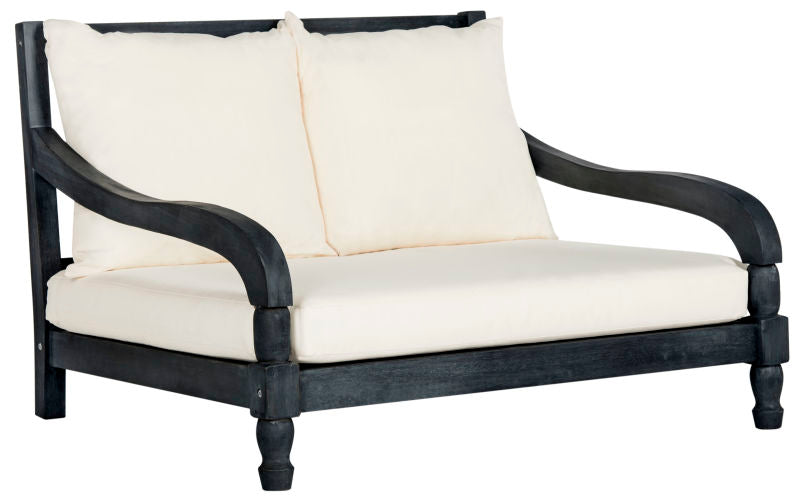 BLACK OUTDOOR LOVE SEAT LOUNGE CHAIR WITH WHITE CUSHIONS