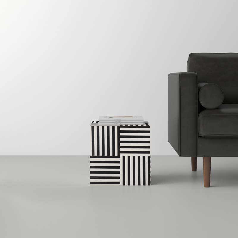 BLACK AND WHITE STRIPE CUBE END TABLE