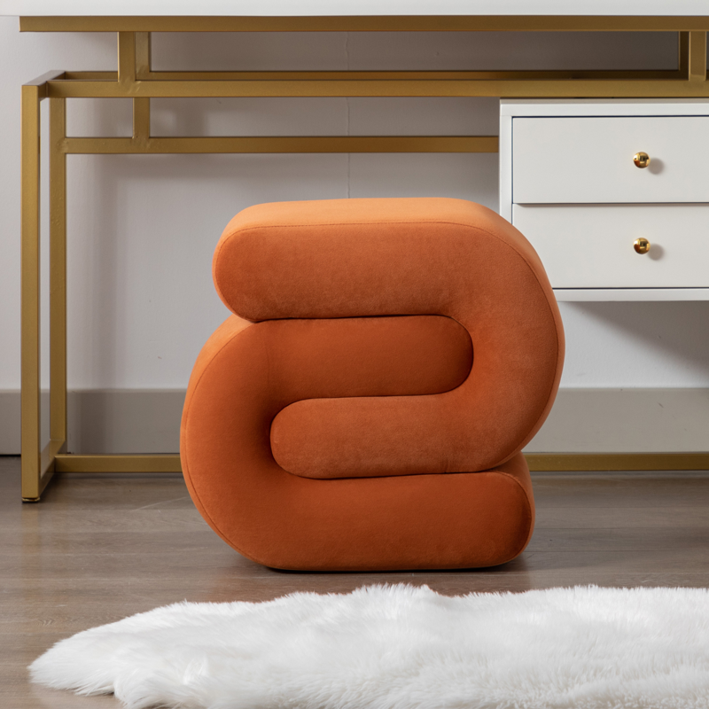 S-SHAPE MODERN ORANGE VELVET FOOTSTOOL OTTOMAN OR PADDED VANITY SEAT