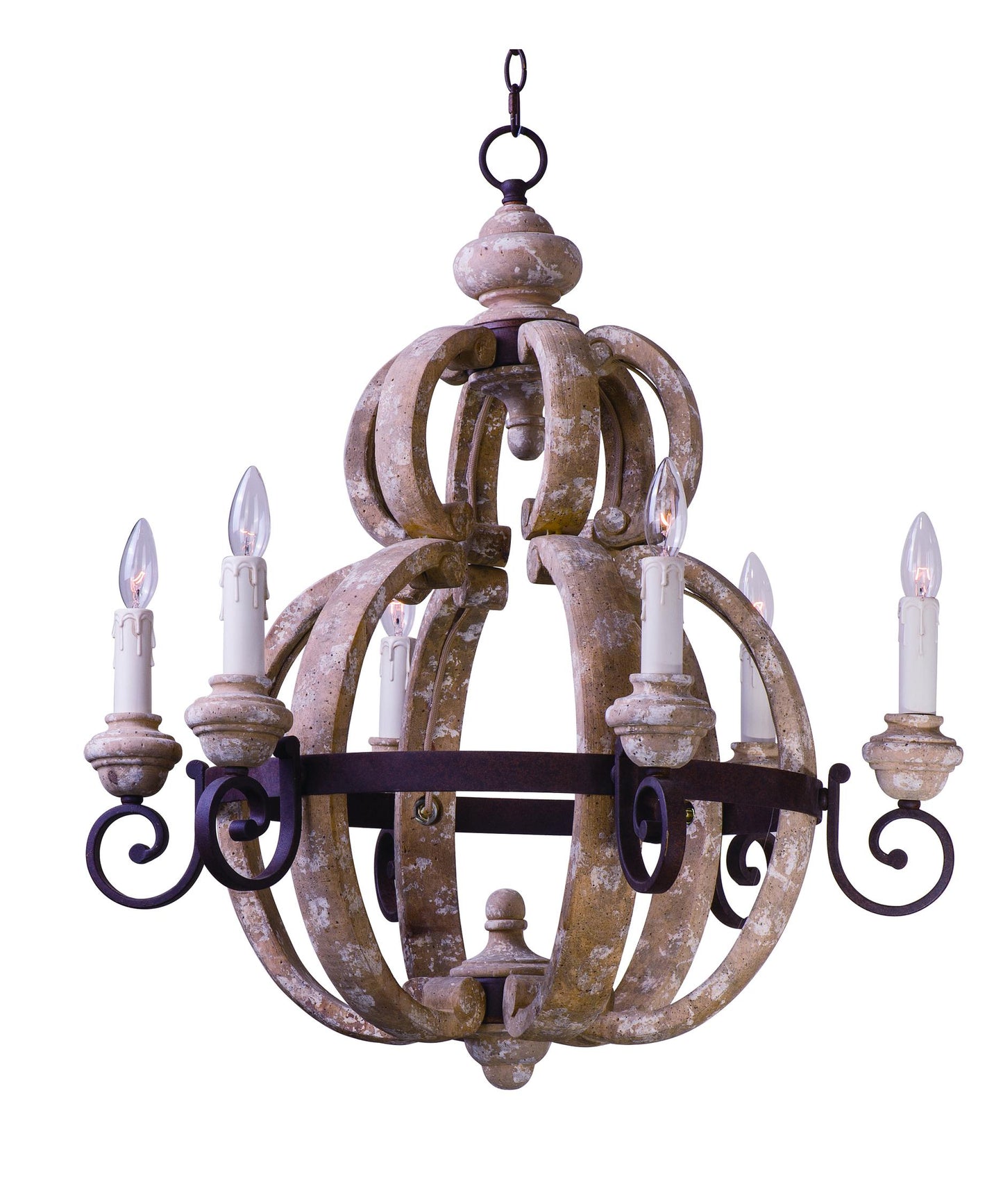 AGED WOOD AND IRON CHANDELIER
