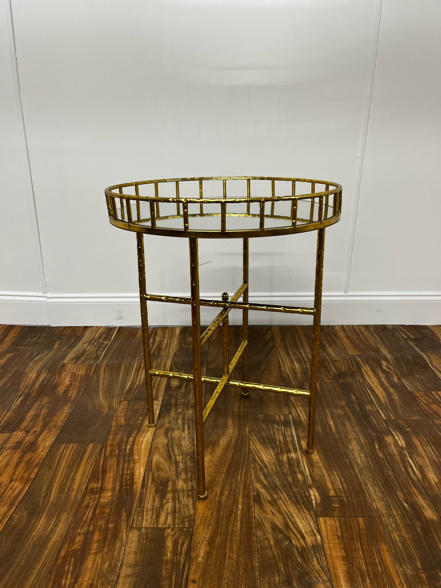ROUND MIRROR ACCENT TABLE WITH GOLD BAMBOO LEGS