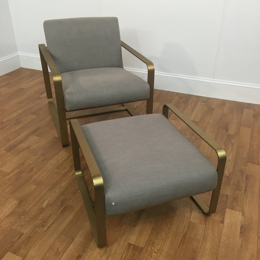 GRAY LINEN AND BRUSH GOLD ARM CHAIR WITH OTTOMAN