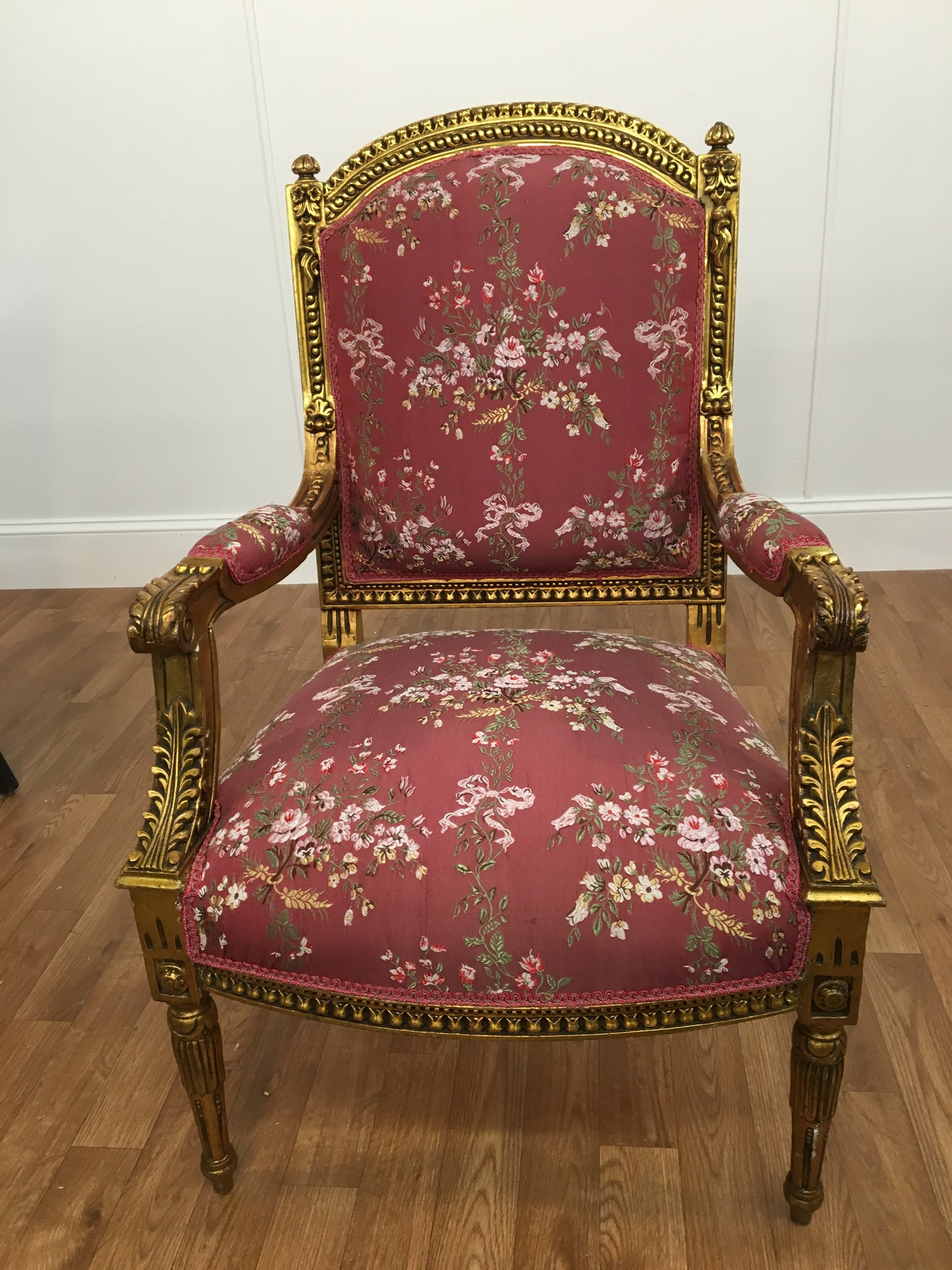 ORNATE RED FLORAL PATTERN OPEN ARM CHAIRS