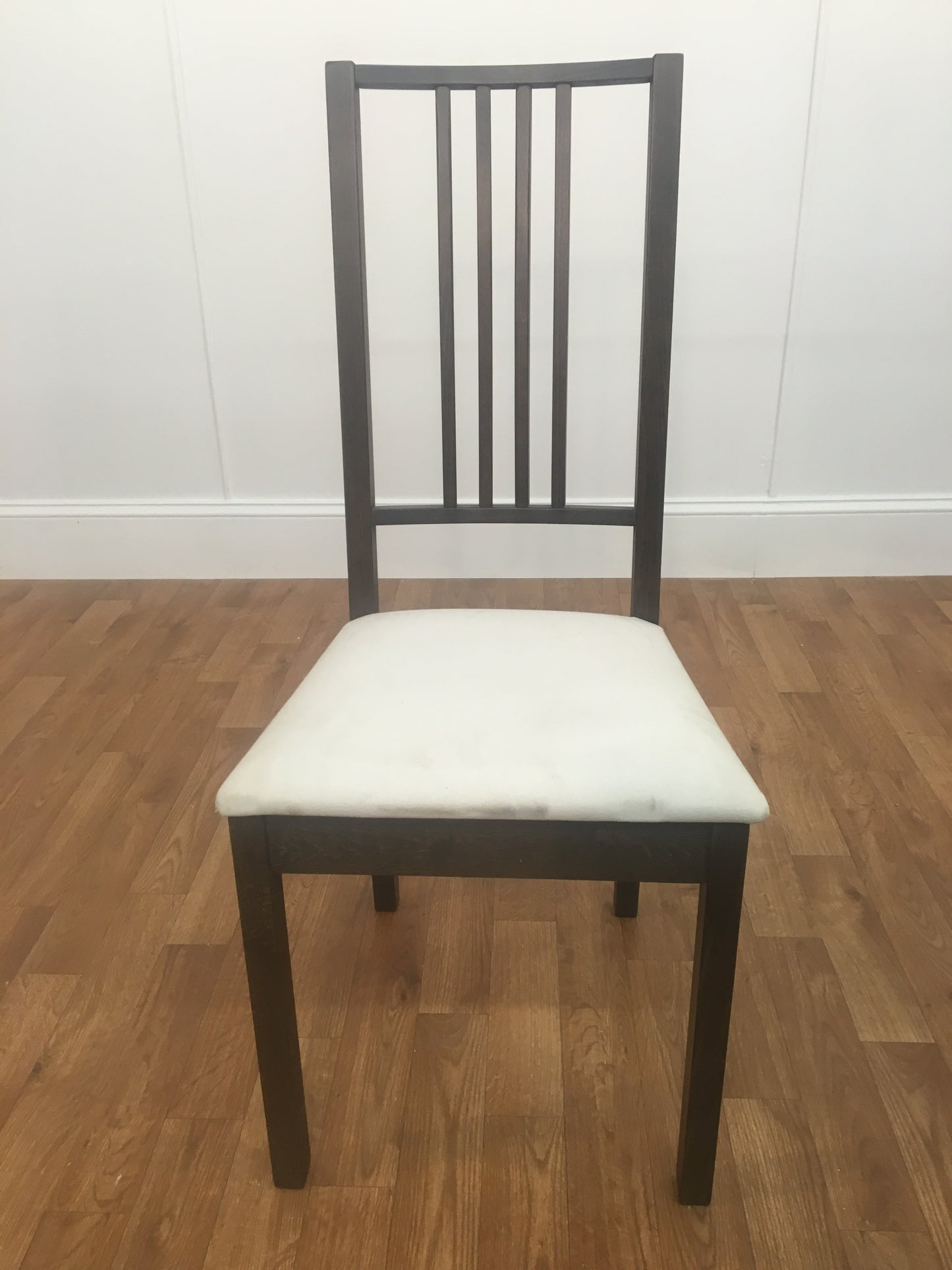 DARK WOOD OPEN BACK DINING CHAIR WITH WHITE CUSHION