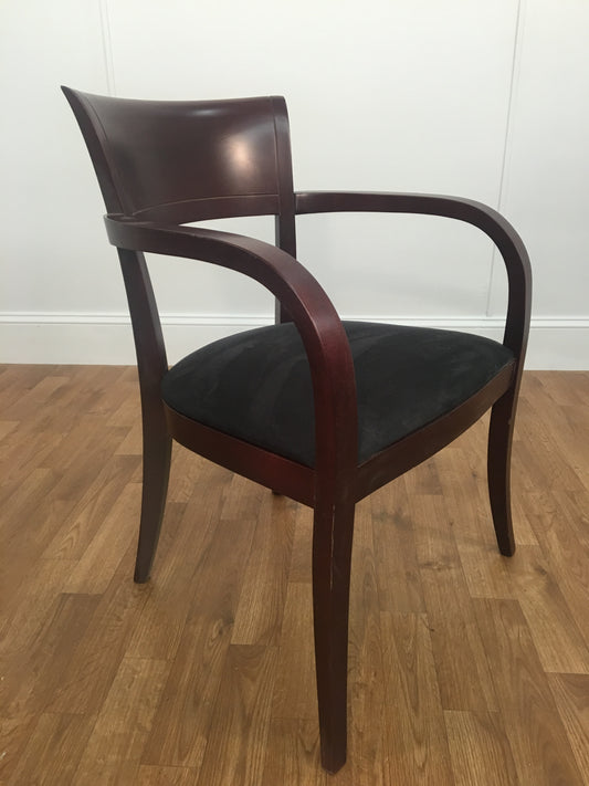 OPEN BACK MAHOGANY ARM CHAIR WITH BLACK CUSHION