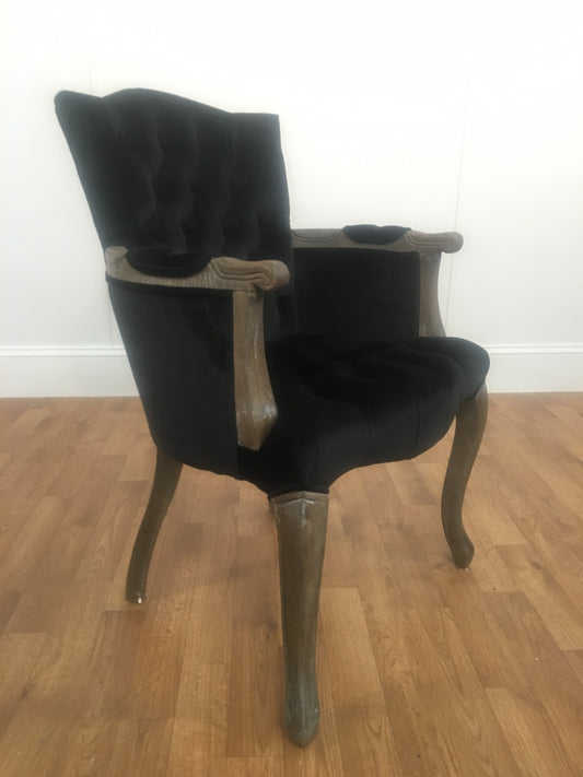 BLACK VELVET ARM CHAIR WITH WOODEN ARMS AND LEGS