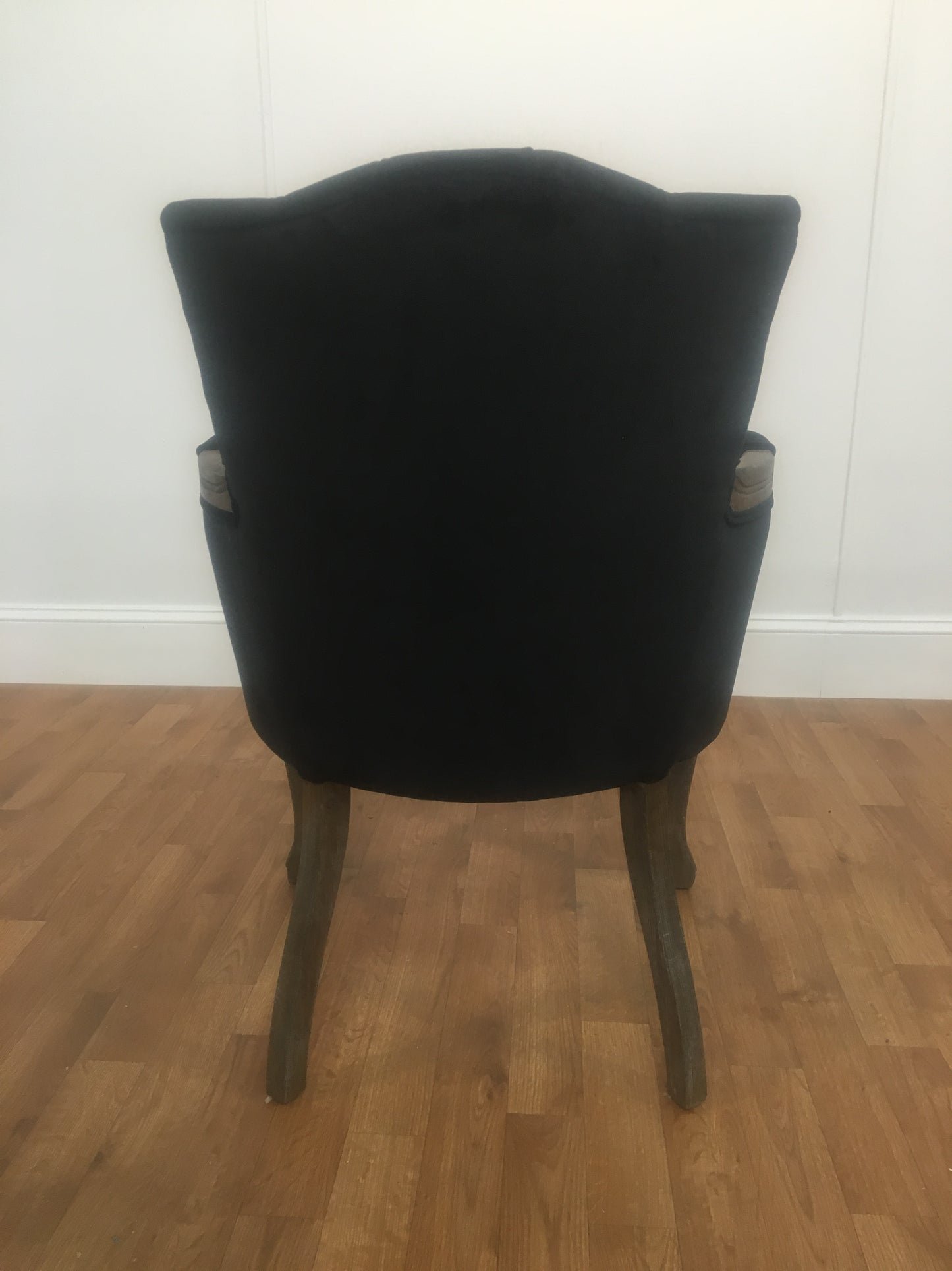 BLACK VELVET ARM CHAIR WITH WOODEN ARMS AND LEGS
