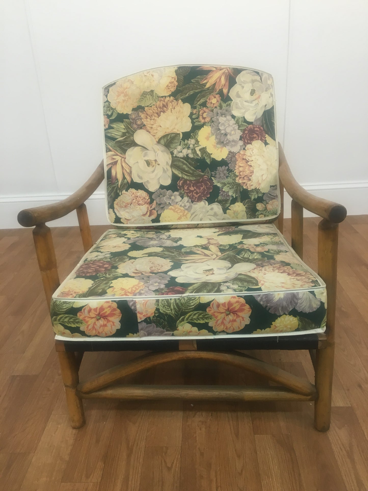 BAMBOO ARM CHAIR WITH FLORAL CUSHION