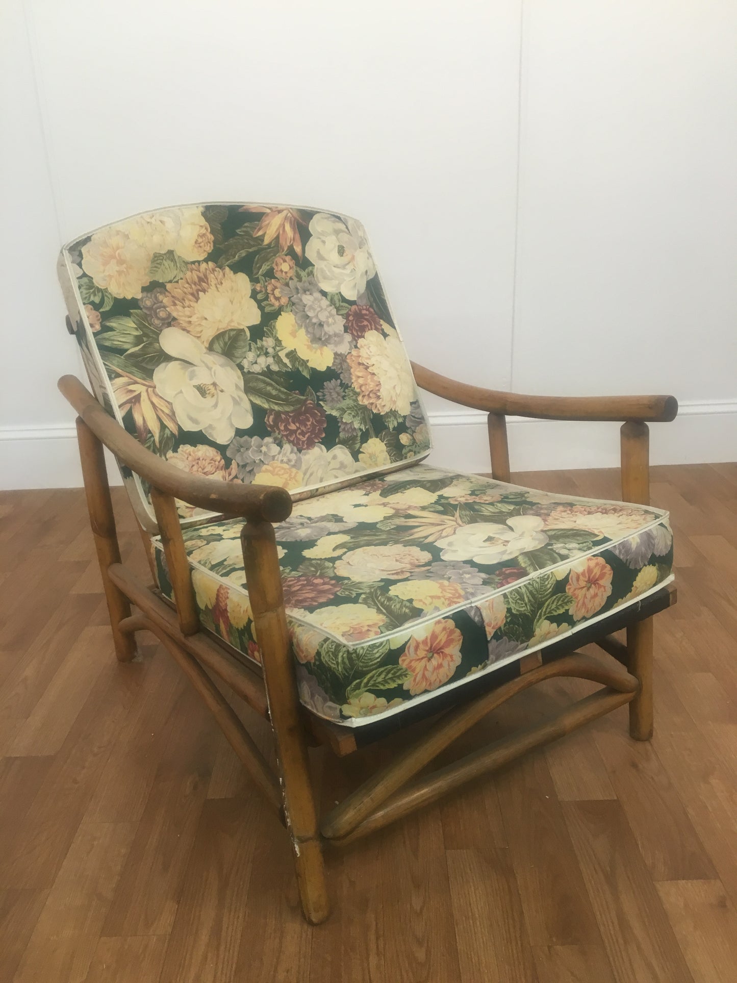 BAMBOO ARM CHAIR WITH FLORAL CUSHION