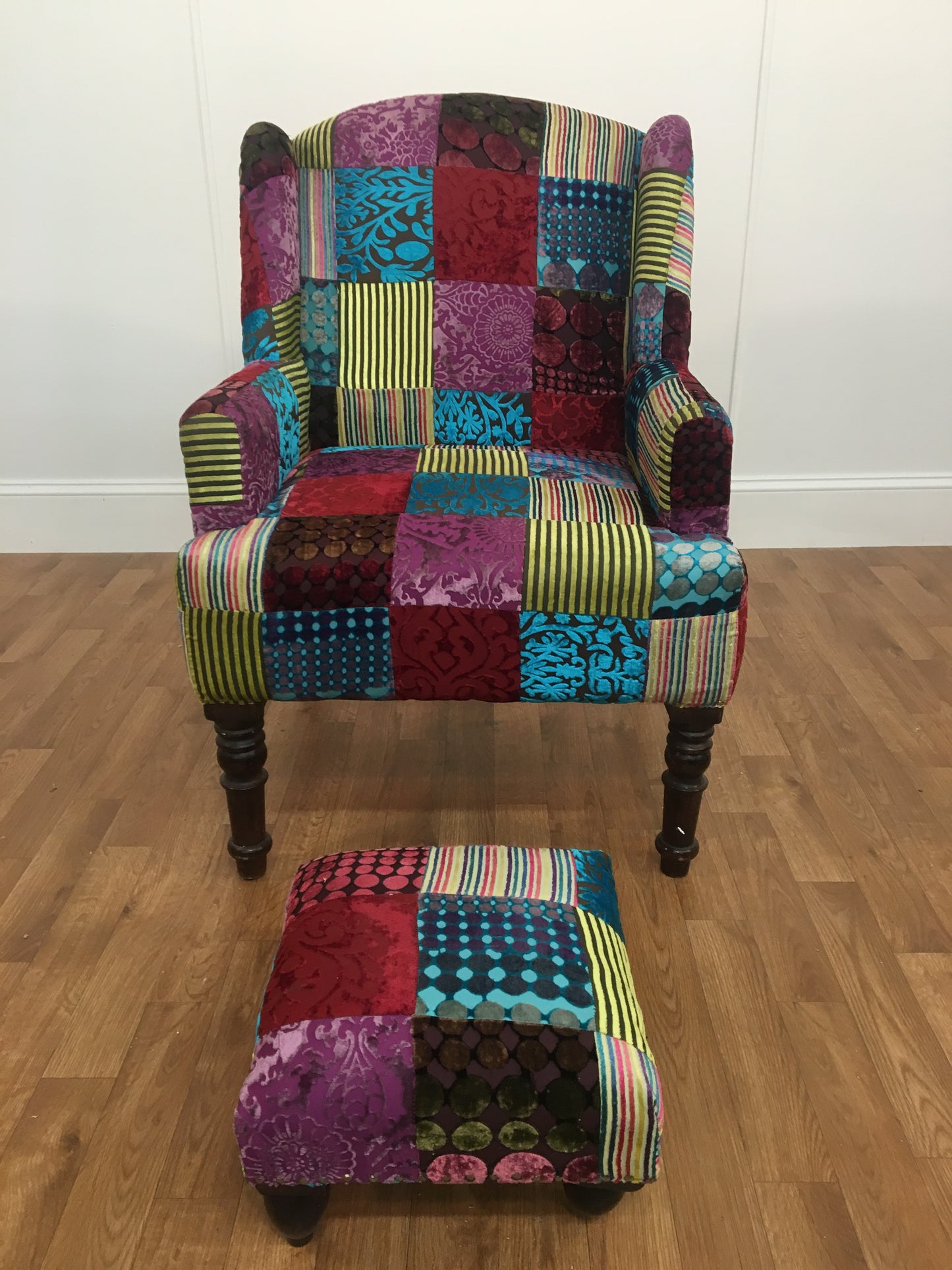 PATCHWORK MULTI-PATTERN ARM CHAIR WITH MATCHING OTTOMAN