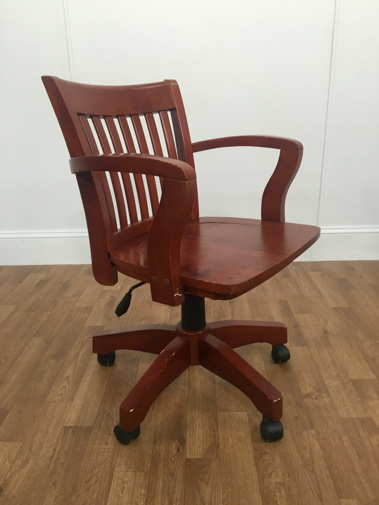 CHERRY WOOD OFFICE SWIVEL CHAIR, SLATTED BACK AND ROLLERS