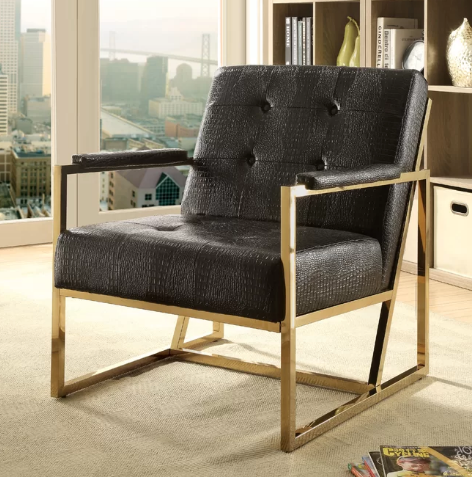 BLACK ALLIGATOR SKIN ACCENT ARM CHAIR WITH GOLD LEGS
