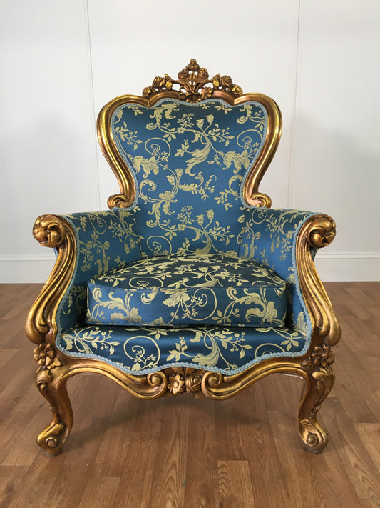 ORNATE VICTORIAN BLUE AND GOLD WINGBACK CHAIR