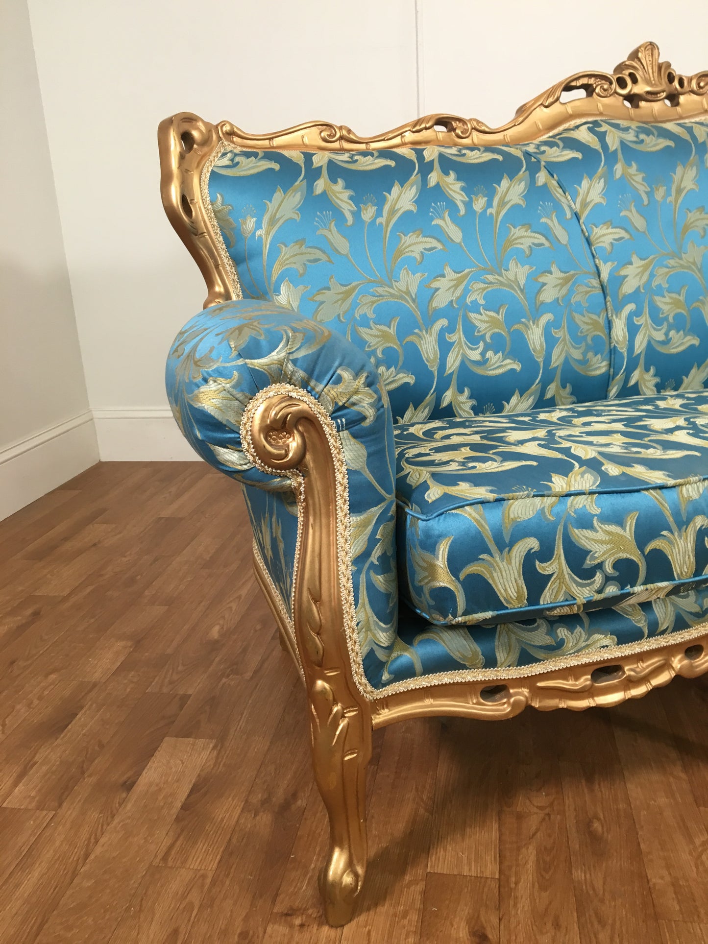 ORNATE ROCOCO GOLD AND ROBINS EGG BLUE COUCH