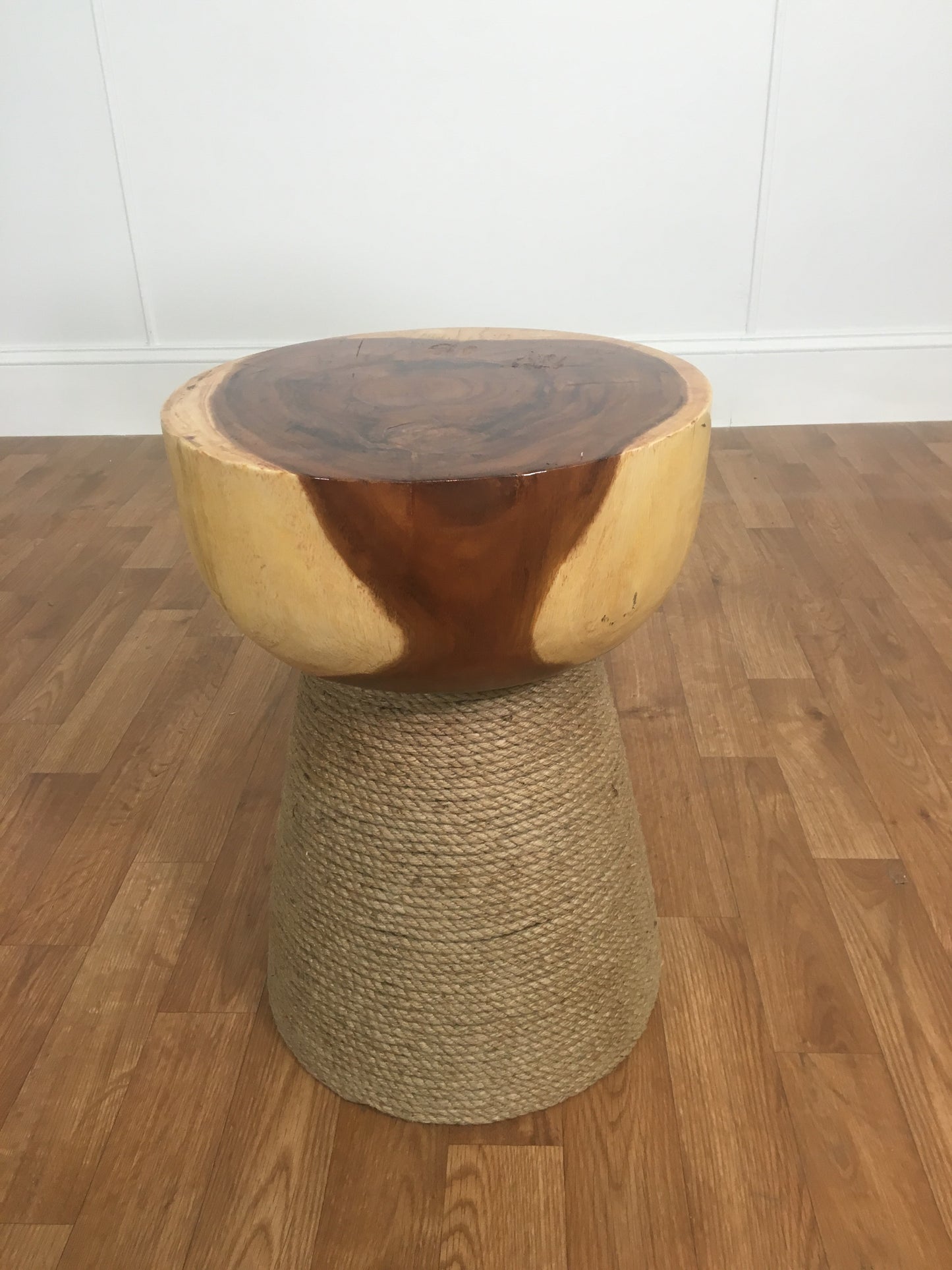 TWO-TONE WOOD HOURGLASS ACCENT TABLE WITH SISAL BASE